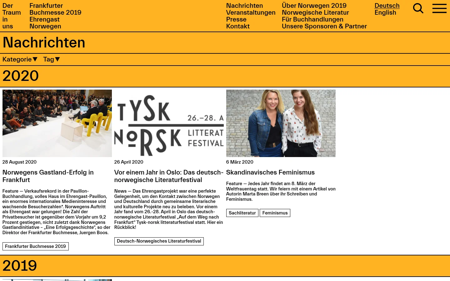 The desktop news page features a large yellow header with the title 'Nachrichten' and dropdown filters for 'Kategorie' and 'Tag'. Below, news articles are organized by year, starting with a large '2020' heading, with articles displayed in a three-column grid containing images, dates, headlines, and short excerpts. The color palette is dominated by white, black, and a bright mustard yellow.