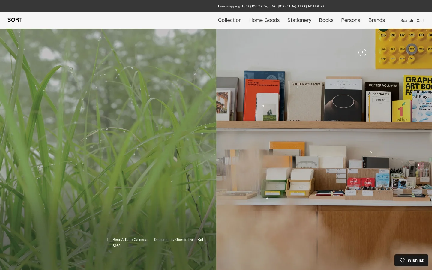 The desktop homepage features a minimalist design with a large hero image split between close-up green grass with dew and a shelf of design books and stationery. A top navigation bar includes links for Collection, Home Goods, Stationery, Books, Personal, and Brands, alongside a search function. A product listing for a 'Ring-A-Date Calendar' is overlaid on the bottom left of the hero image.