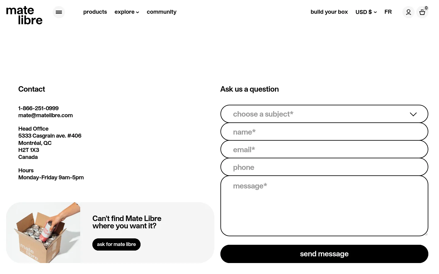 Mate Libre Contact desktop website screenshot