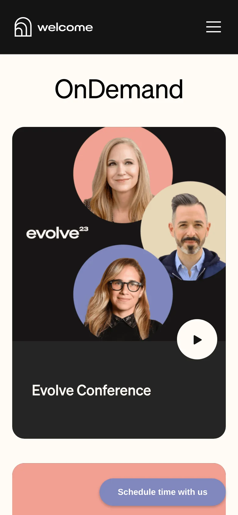 The mobile version presents a simplified vertical layout with a hamburger menu in the top navigation bar. The 'OnDemand' section features a single, large prominent video card for the 'Evolve Conference' that spans the width of the screen, followed by a 'Schedule time with us' button positioned at the bottom.