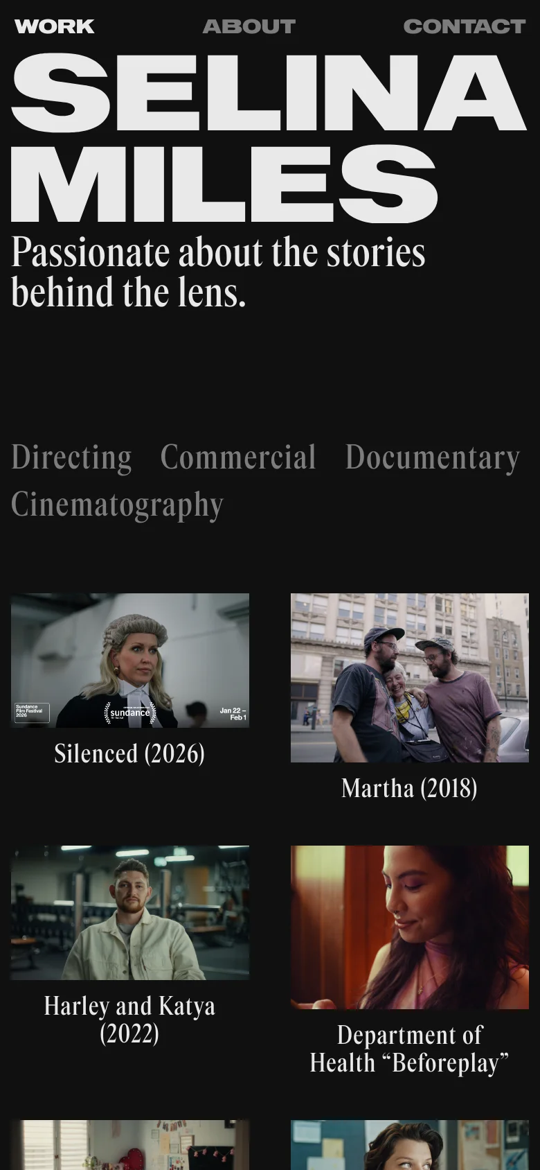 The mobile version uses a vertical layout with the large 'SELINA MILES' branding and headline stacked at the top. The navigation links and project categories are arranged in multiple rows to fit the narrow screen. The project portfolio follows as a single-column grid of large images with text titles underneath.