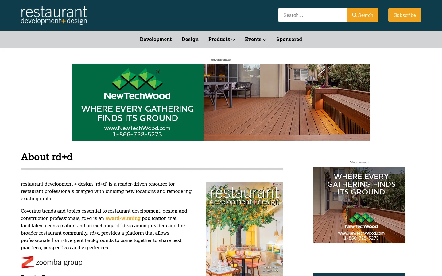 The About rd+d desktop page features a dark teal header with the magazine logo and a white navigation bar. The main content area includes a large advertisement for NewTechWood, a heading titled 'About rd+d', and a large vertical image of a magazine cover showing a restaurant interior with a large indoor tree. The layout is spacious with text on the left and supporting imagery on the right.