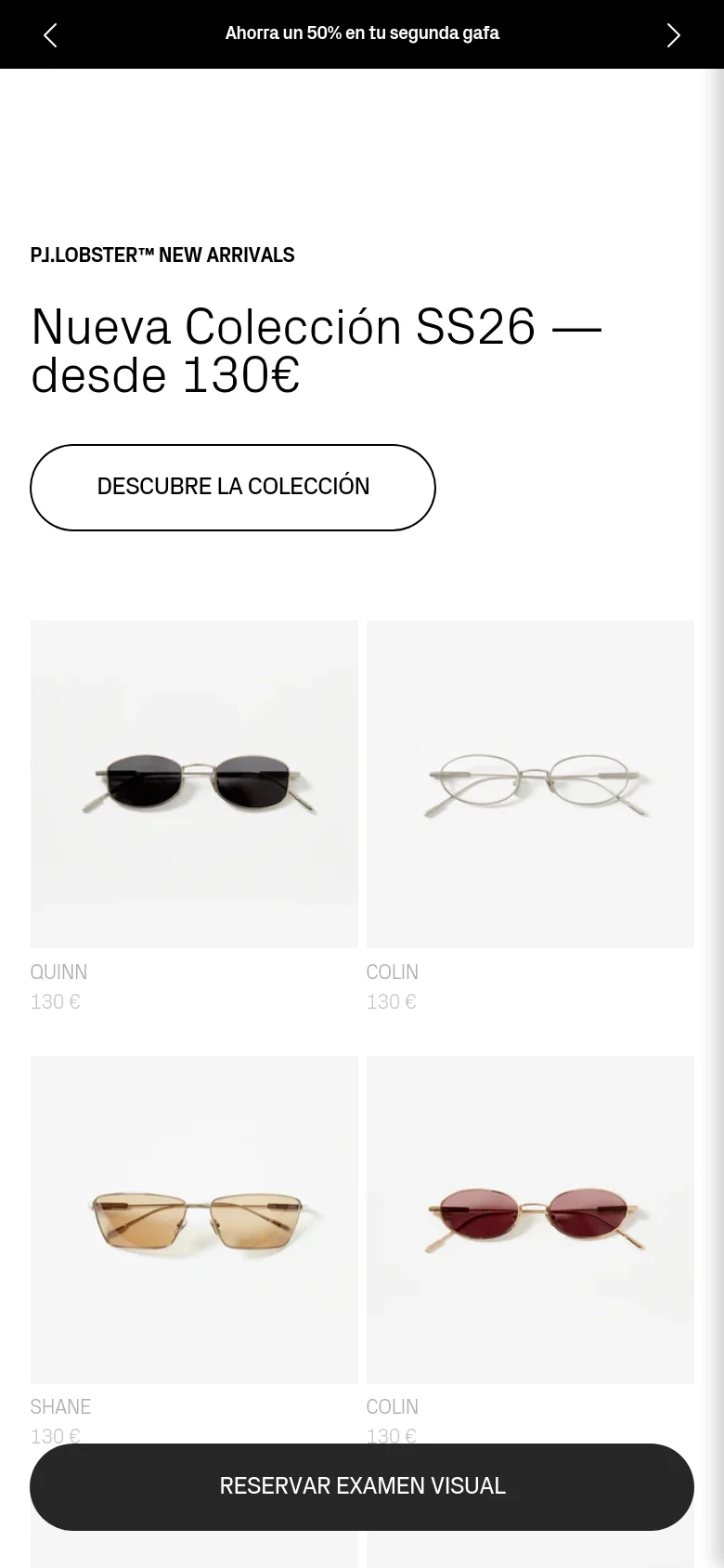 The mobile version uses a vertical single-column layout optimized for scrolling, featuring the same promotional banner and SS26 collection headline. The product grid transitions from multiple columns to a stacked view, showing larger individual images of the glasses. A prominent dark 'RESERVAR EXAMEN VISUAL' call-to-action button is pinned to the bottom of the screen.