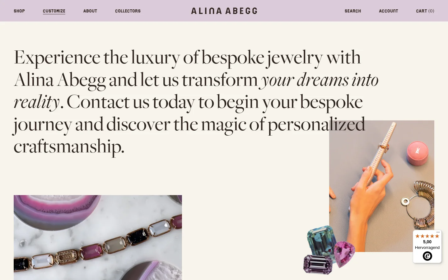 The desktop page features a minimalist design with a cream background and elegant serif typography. A large headline introduces bespoke jewelry services, accompanied by high-quality lifestyle imagery of hands wearing jewelry and close-ups of gemstones and necklaces arranged artistically. The navigation menu is spread across the top, including links for Shop, Customize, About, Collectors, Search, Account, and Cart.