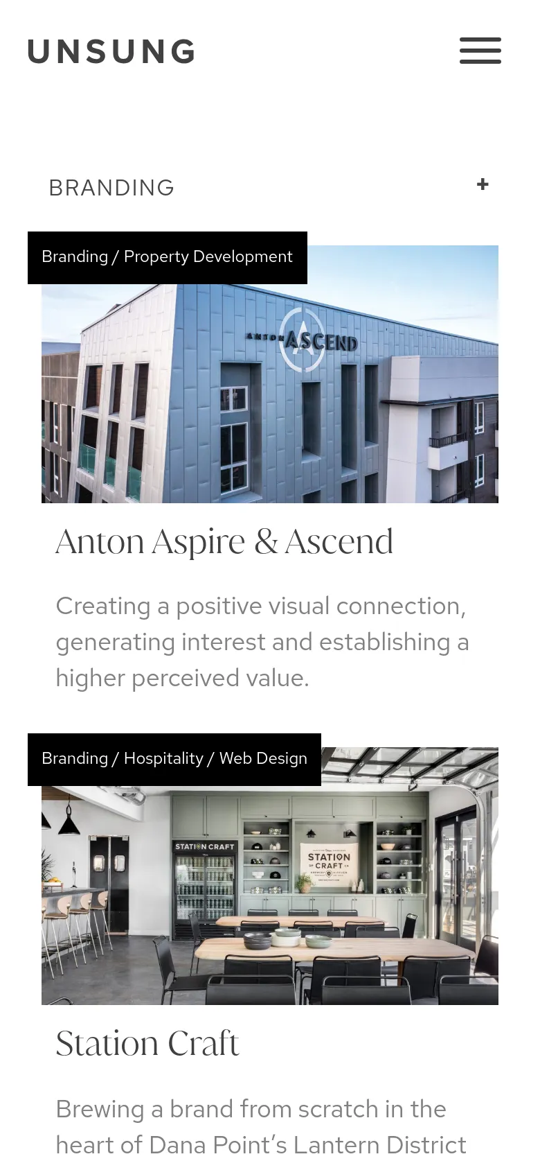 The mobile version presents a single-column vertical scroll of project entries to optimize for small screens. The desktop navigation menu is replaced by a hamburger icon, and the 'Branding' section features a collapsible '+' accordion menu. Each project consists of a full-width image followed by its title and description.