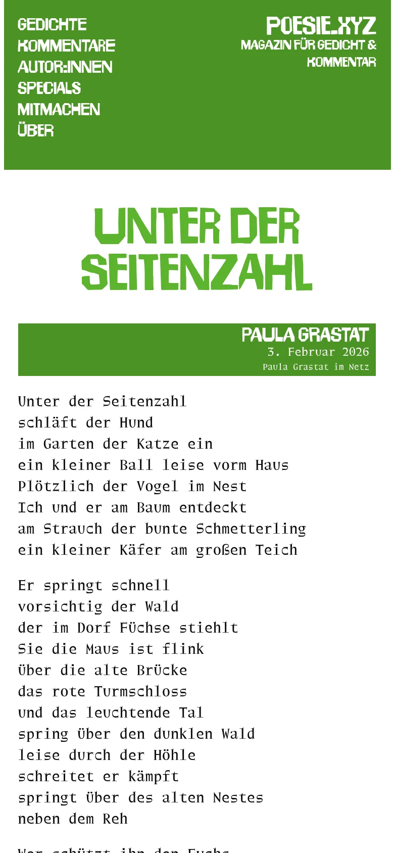 The mobile version rearranges the layout into a single vertical column. The green sidebar moves to the top as a full-width header containing the site title and navigation links, followed by the large green headline, the author banner, and the poem text below.