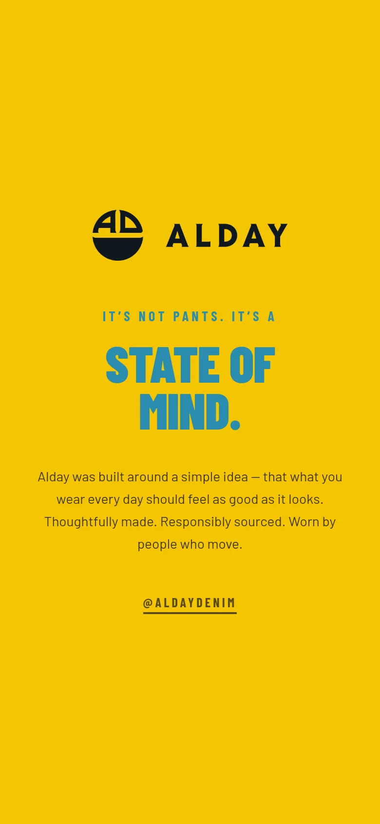 The mobile version maintains the bright yellow background and centered layout. The text and logo are scaled down to fit the vertical screen, keeping the same blue headline and black brand description and social link.