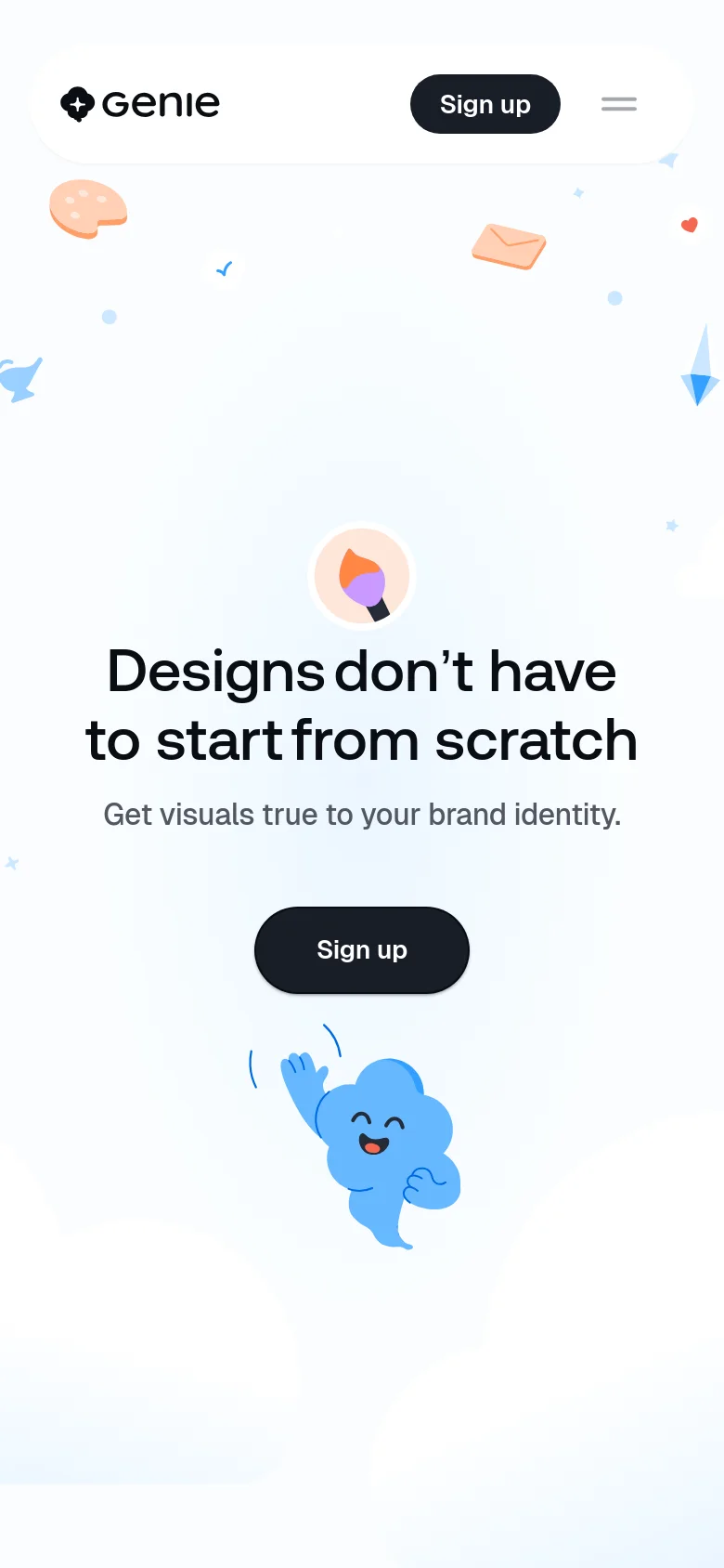 The mobile version presents a simplified, vertically oriented layout with a centered headline 'Designs don't have to start from scratch' and a prominent 'Sign up' button. The top navigation is condensed into a hamburger menu next to the Genie logo, and the whimsical floating illustrations remain as decorative elements against the white background.