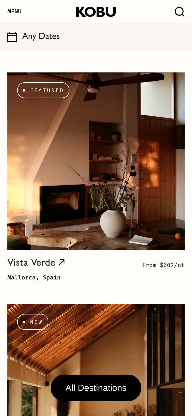 The mobile version simplifies the layout with a centered logo and a hamburger menu icon. The destination list and villa grid are stacked vertically, with large, full-width images for each villa property and a prominent date selection bar at the top.