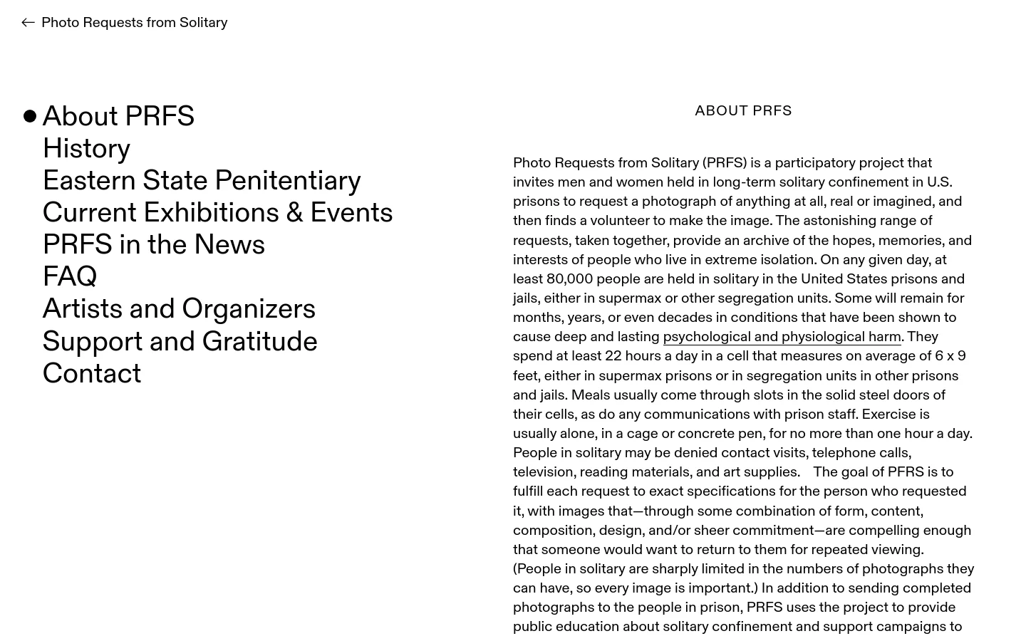 The desktop version features a minimalist design with a white background and black text. A large, bold navigation menu is positioned on the left side, while the 'About PRFS' section with descriptive text is aligned to the right. A small back arrow and site title are visible at the top left.