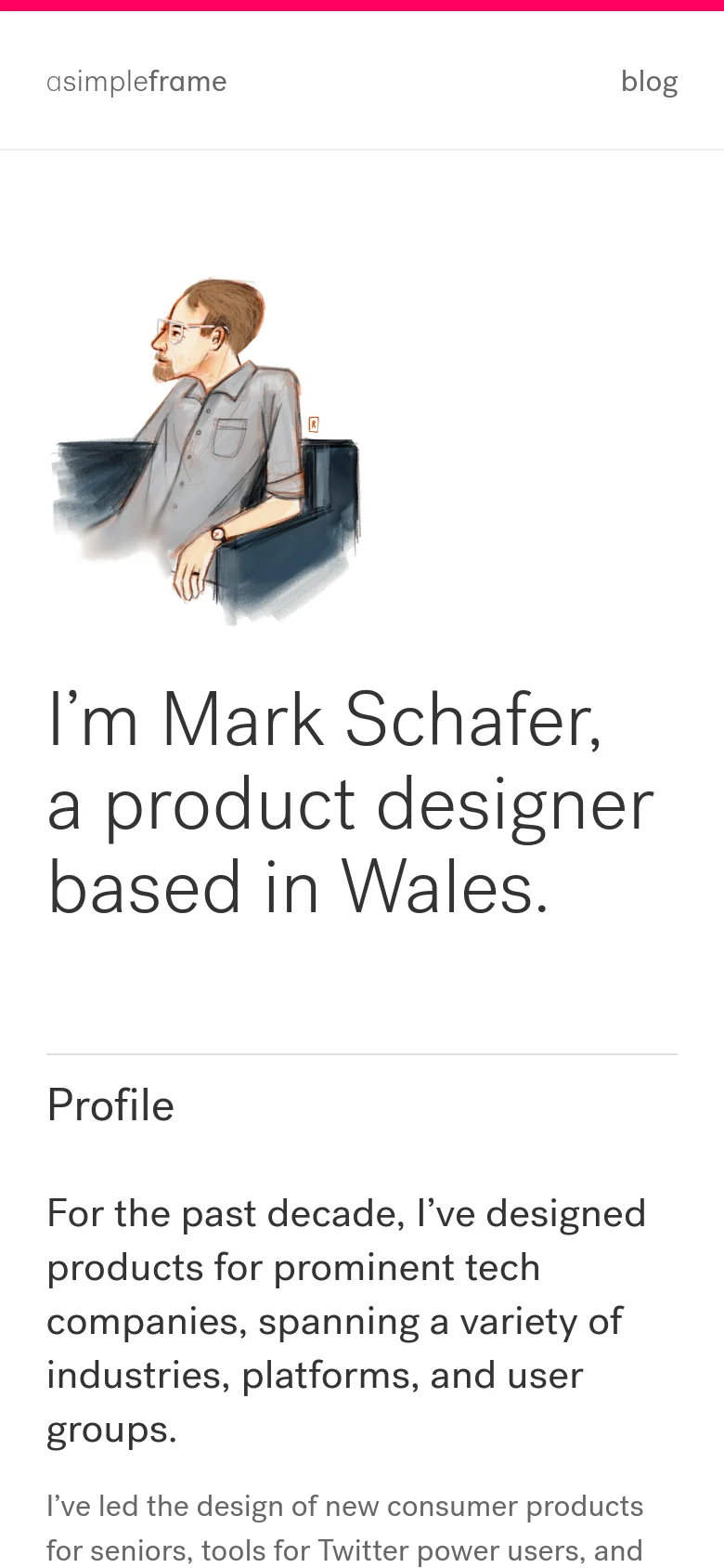 The mobile version maintains the minimalist white layout and hot pink top border but uses a single-column stack. The hero illustration and large headline appear at the top, followed by the Profile text and Experience list vertically arranged for easier scrolling.
