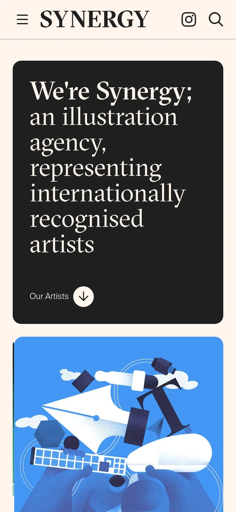The mobile version presents a vertically stacked layout with the dark grey hero section and headline appearing at the top, followed by the colorful illustration below it. The navigation is condensed into a hamburger menu icon on the left, with the Synergy logo, Instagram icon, and search icon centered or aligned in the header.