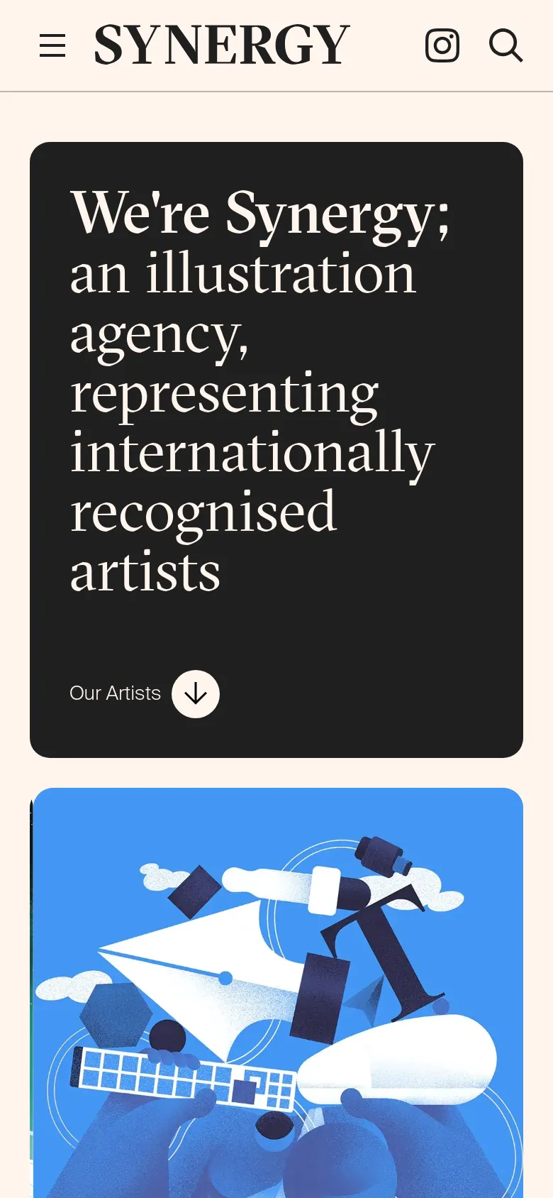 The mobile version presents a vertically stacked layout with the dark grey hero section and headline appearing at the top, followed by the colorful illustration below it. The navigation is condensed into a hamburger menu icon on the left, with the Synergy logo, Instagram icon, and search icon centered or aligned in the header.