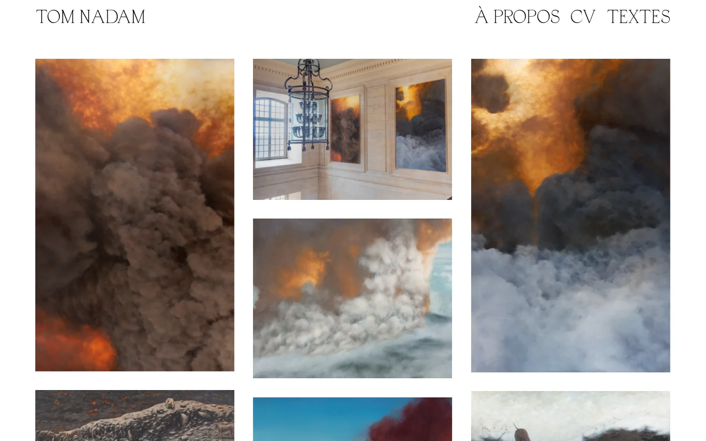 The desktop homepage for artist Tom Nadam features a minimalist white layout with the name in the top left and navigation links (À PROPOS, CV, TEXTES) on the top right. A grid of large, colorful oil painting images showcasing dramatic clouds and landscapes dominates the center of the page.