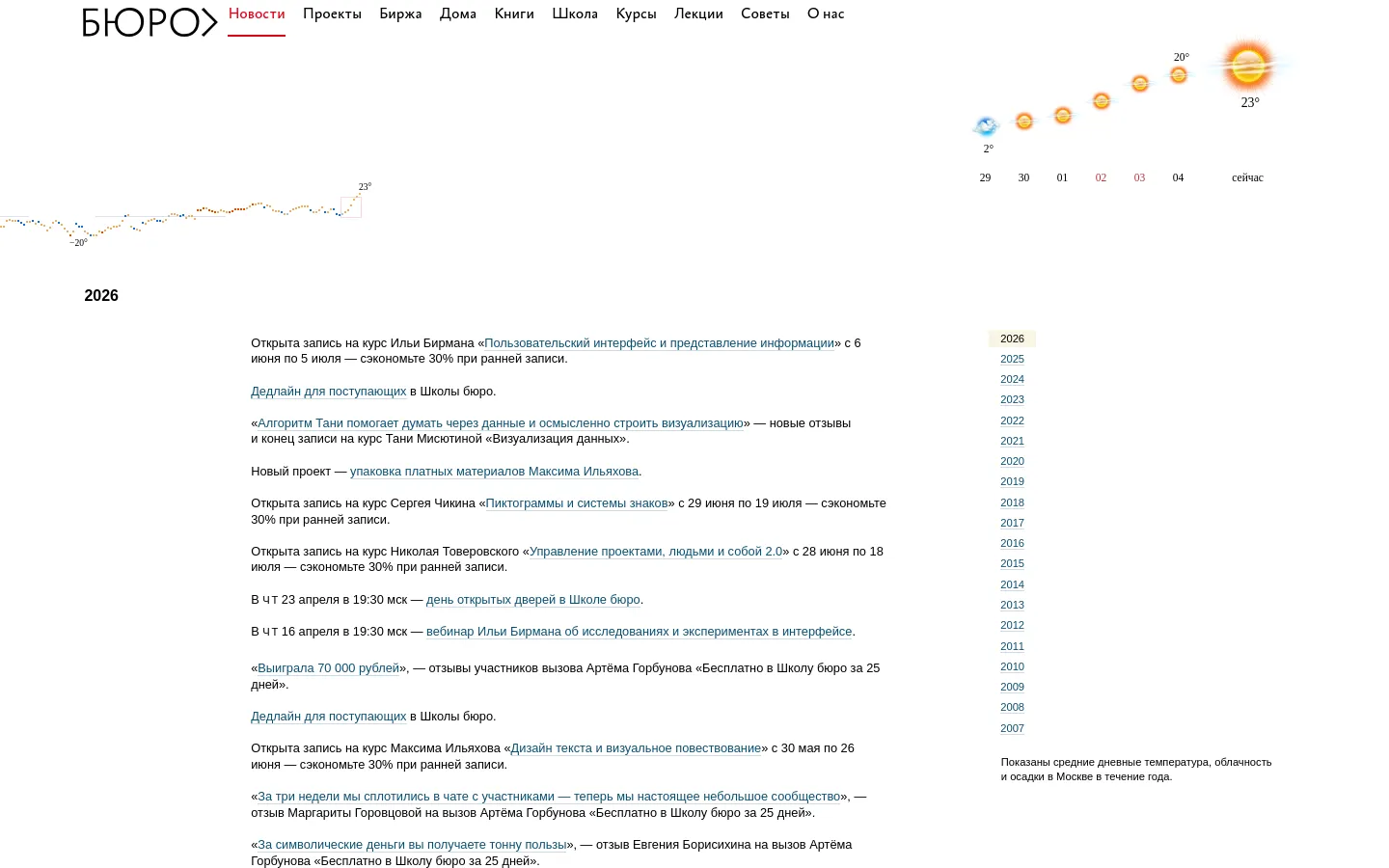 The desktop version of the news page features a minimalist white layout with a large black 'БЮРО' logo and a navigation menu at the top. A prominent headline reads '2026' next to a stylized graphic of a temperature line chart with various degree markers. Below, a list of news items and course announcements is presented in blue and black text.