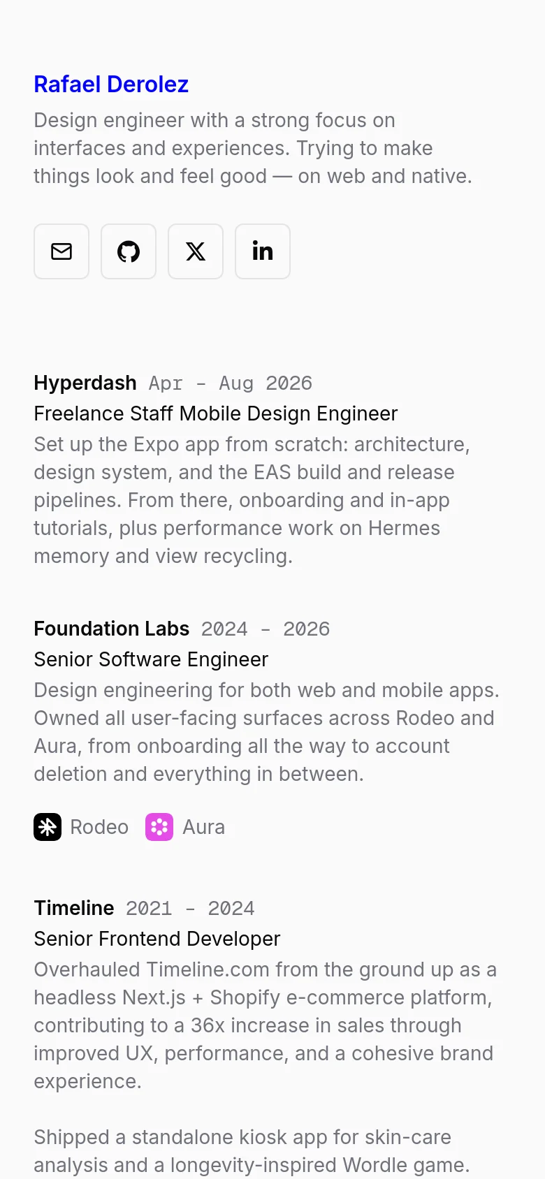 The mobile version presents a single-column, vertically stacked layout optimized for small screens. The typography remains clean and legible, with the header, social icons, and professional experience sections flowing downward in a continuous scroll, maintaining the minimalist aesthetic of the desktop version.