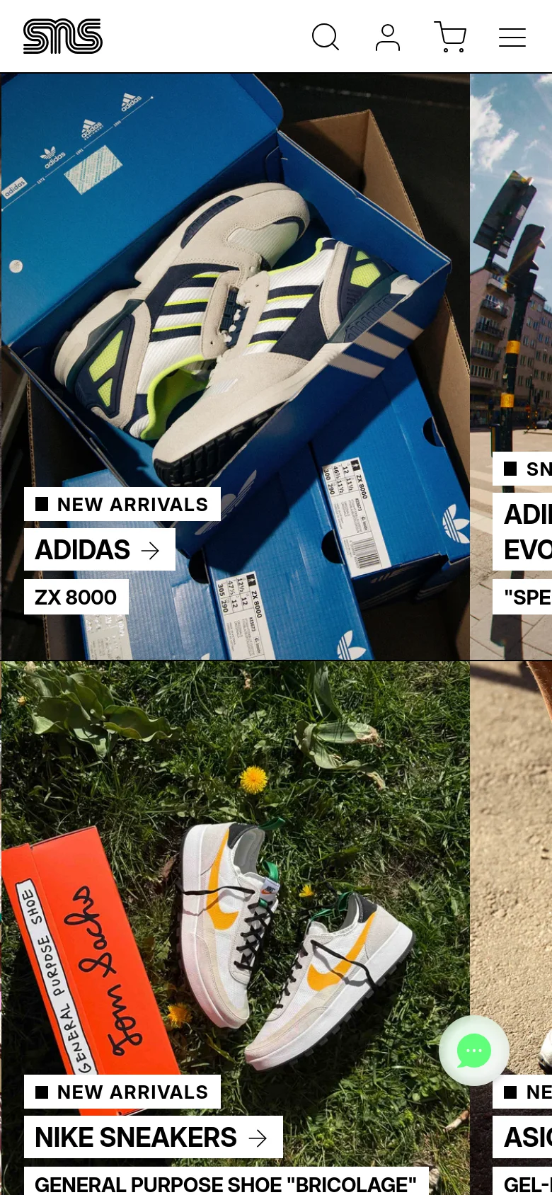 The mobile version uses a simplified header with a hamburger menu, search, user, and cart icons. The content layout shifts to a single-column vertical scroll of large, full-width images featuring sneaker products and editorial content with prominent text labels.
