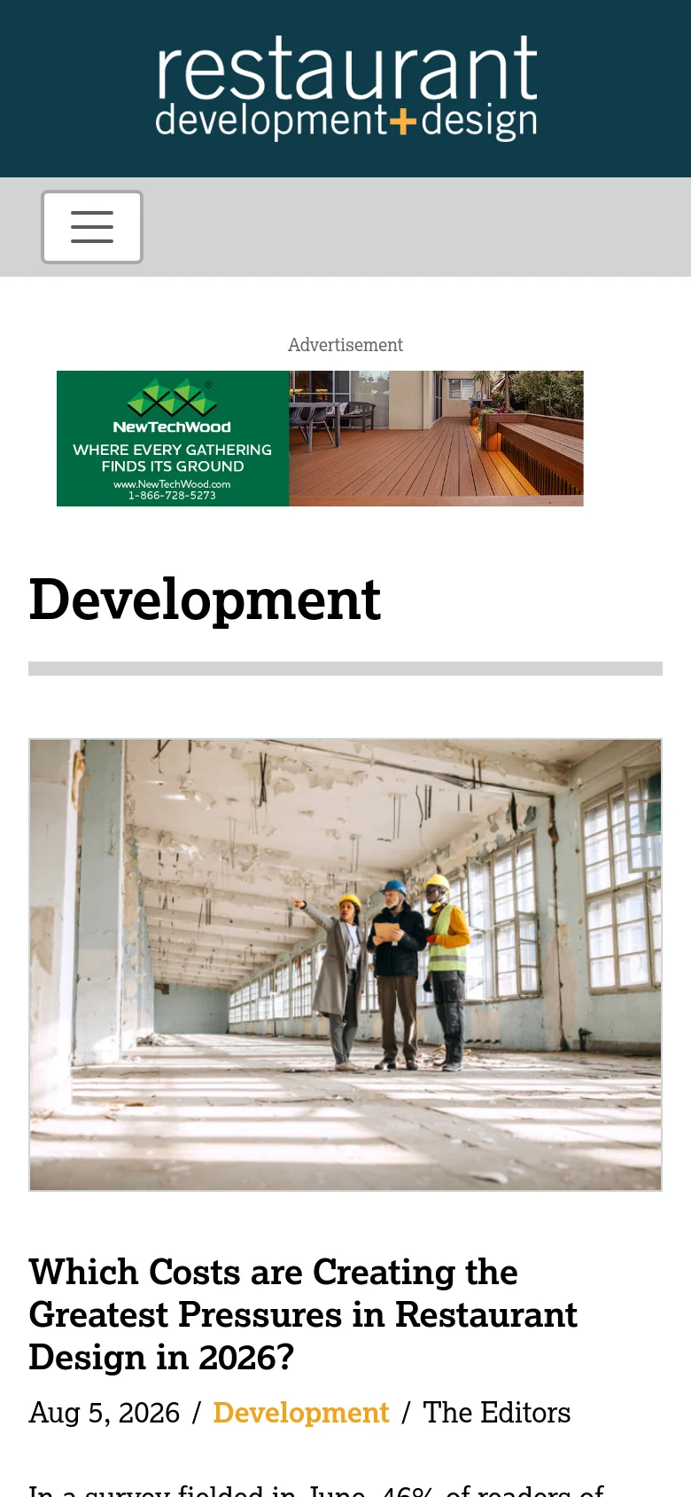 The mobile version displays a simplified layout with a dark teal header containing the logo and a hamburger menu icon. The content is stacked vertically, beginning with a NewTechWood advertisement followed by the 'Development' heading and a single-column feed of articles featuring full-width images and text.