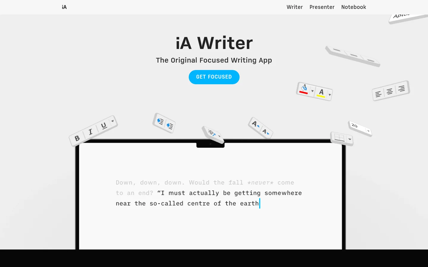 The desktop homepage features a minimalist design with a light gray background. A large headline reads 'iA Writer' above the subheadline 'The Original Focused Writing App' and a blue 'GET FOCUSED' button, set against a hero image of a writing interface with floating UI elements. The navigation menu at the top includes links for Writer, Presenter, Notebook, and Apps.