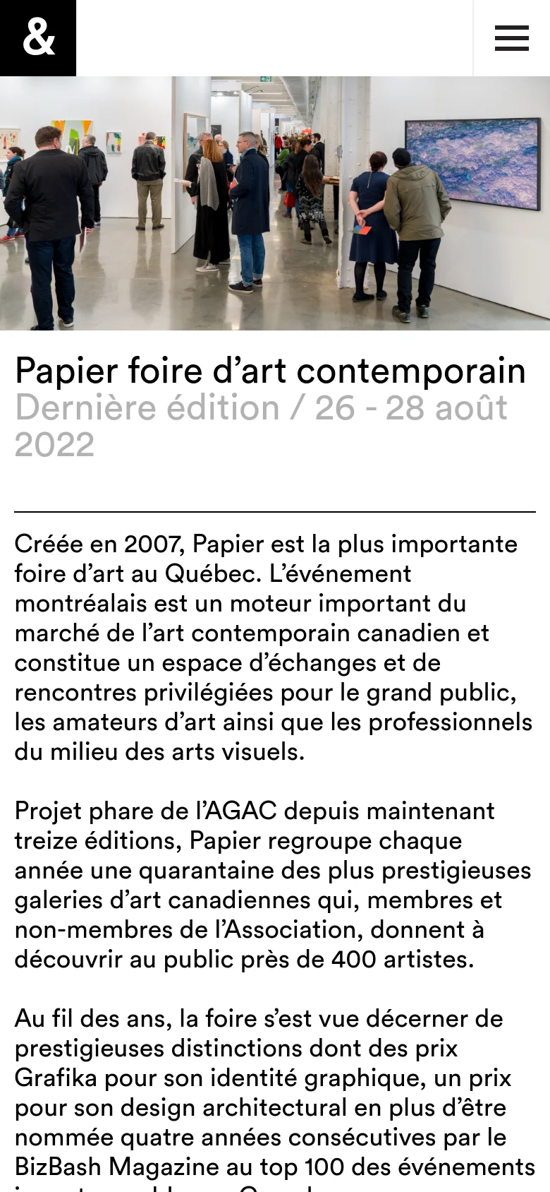 The mobile version presents a vertically stacked layout starting with a large hero image of an art gallery. The headline and subheadline are centered and prominent, followed by several paragraphs of black text on a white background. The navigation is condensed into a hamburger menu icon in the top right corner.