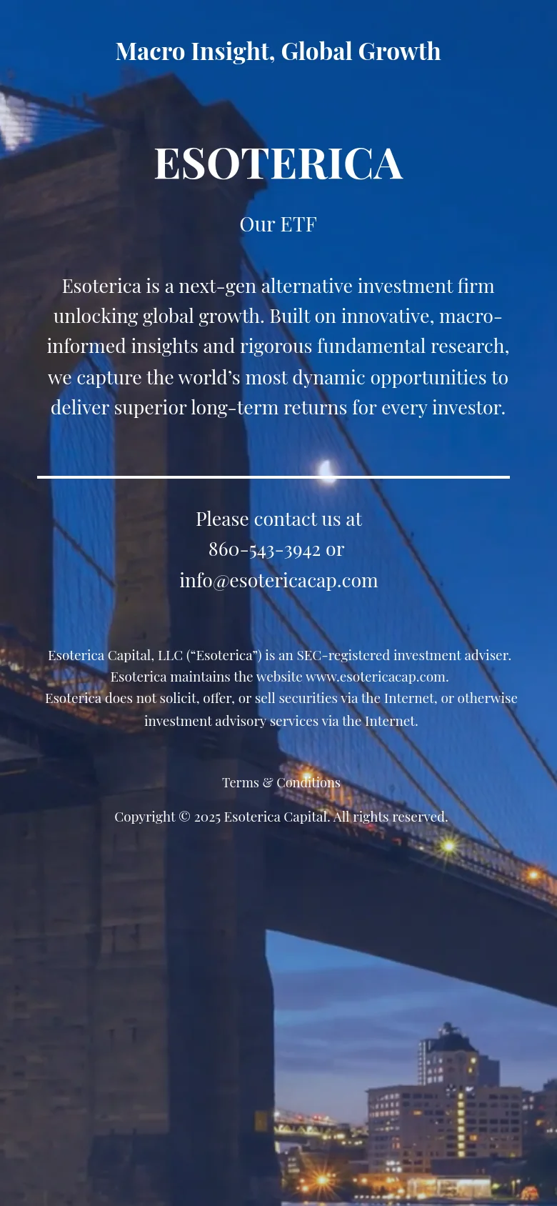 The mobile version uses a vertical layout with the Brooklyn Bridge hero image serving as the background. The text is stacked vertically, starting with the headline, the brand name, and a prominent 'Our ETF' call to action, followed by a descriptive paragraph and contact details. The navigation links are removed from the header to prioritize the central content and contact information.