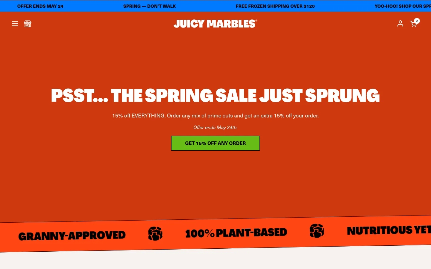 The desktop homepage features a vibrant orange hero section with a bold white headline announcing a spring sale and a green call-to-action button. A blue announcement bar sits at the top, and a scrolling banner below the hero highlights product benefits like 'Granny-Approved' and '100% Plant-Based'.