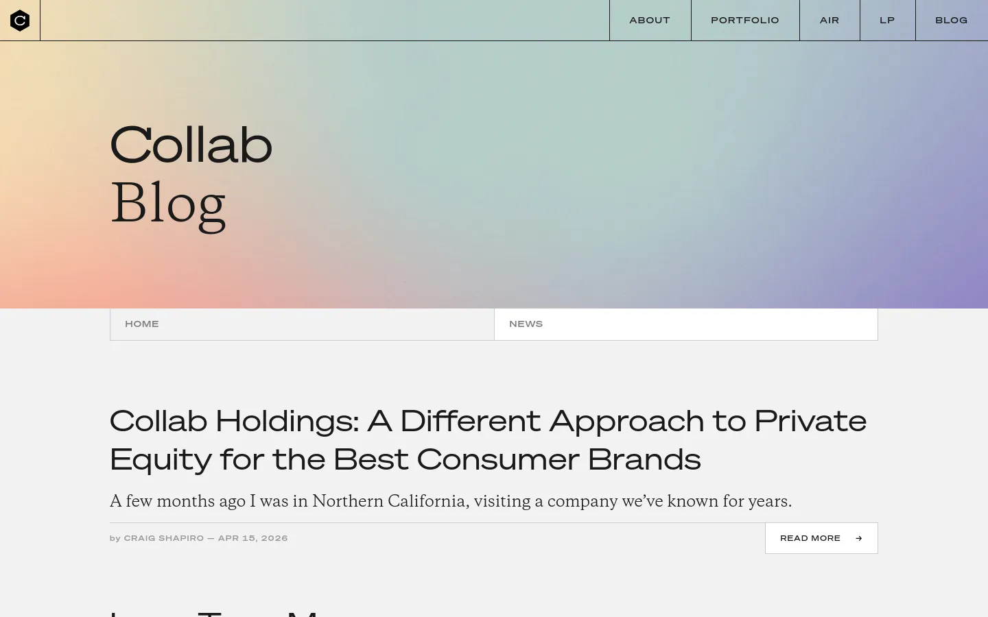 The Collab Blog desktop page features a large hero section with a soft, multi-colored gradient background and the title 'Collab Blog' in large black serif text. Below the hero, a navigation bar contains 'HOME' and 'NEWS' links, followed by a vertical list of blog posts, each displaying a headline, author, date, a short excerpt, and a 'READ MORE' button. The layout is clean with ample white space and a minimalist aesthetic.