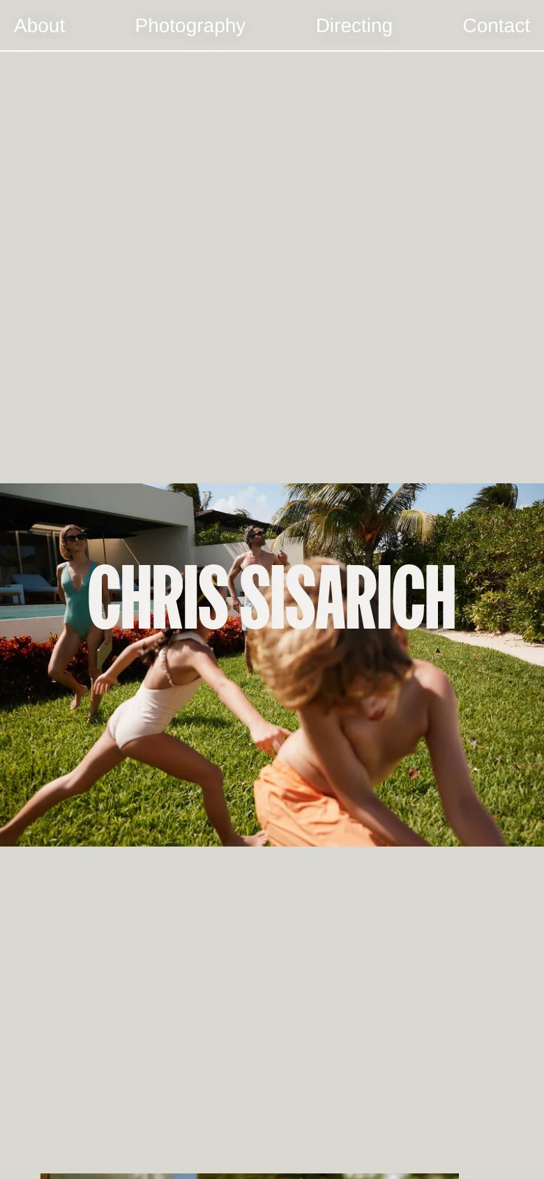 The mobile version maintains the light gray background and top navigation menu, though the layout is more vertically stacked. The large white 'CHRIS SISARICH' headline is prominently centered over a full-width hero image of people running on a lawn, creating a more immersive, single-column visual experience.