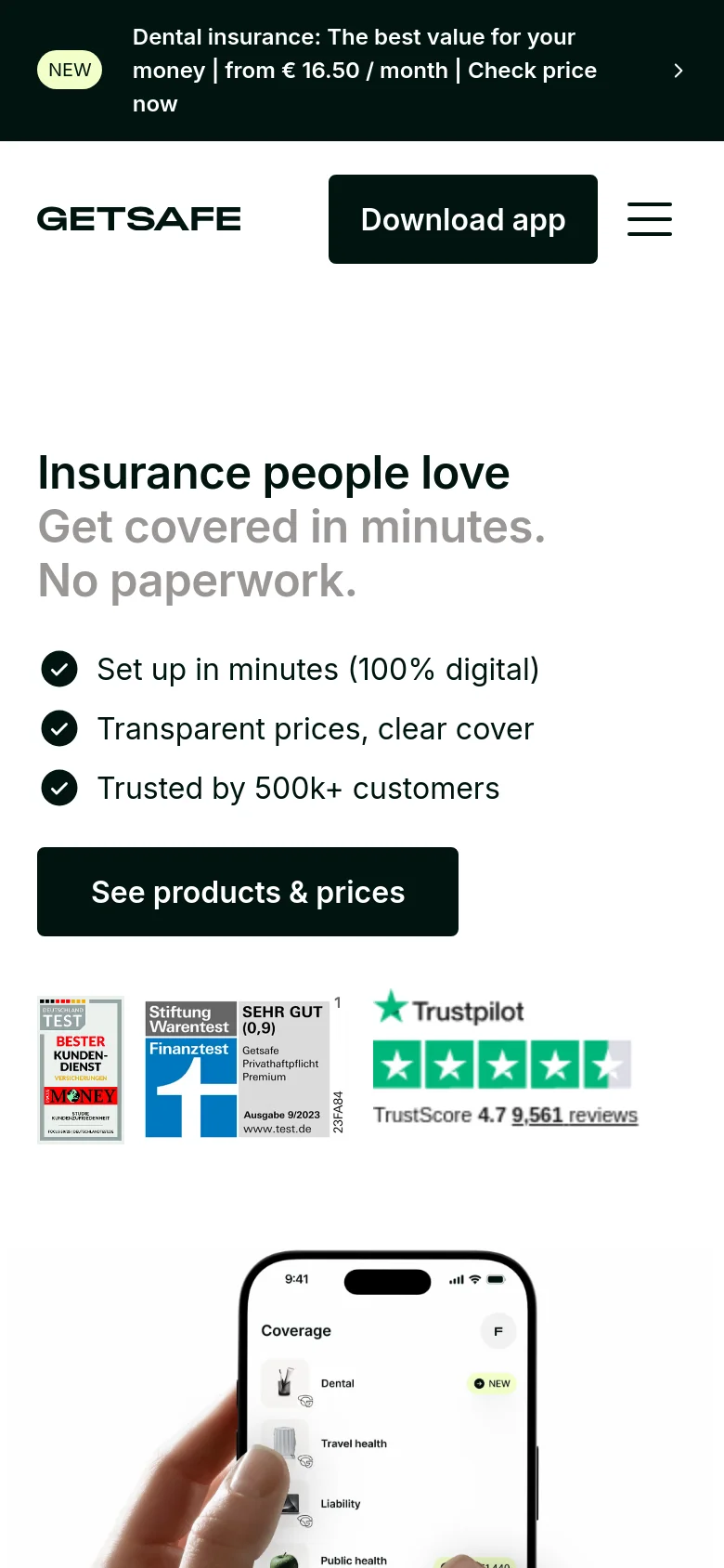 The mobile version uses a single-column layout, stacking the headline, bullet points, and 'See products & prices' button vertically. The hero image of the hand holding the phone is positioned below the primary text and trust badges, and the navigation menu is condensed into a hamburger icon.
