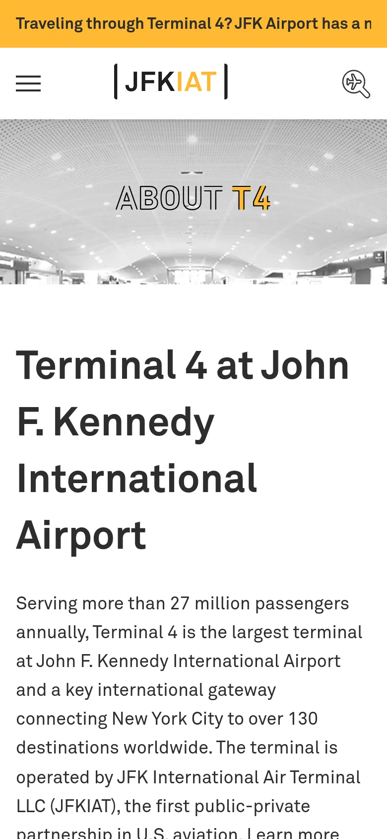 The mobile version displays a condensed layout with a hamburger menu icon and a search icon in the header. The hero image and 'ABOUT T4' text are centered, followed by the main headline and introductory text which spans the full width of the screen. The yellow announcement bar remains at the very top of the view.