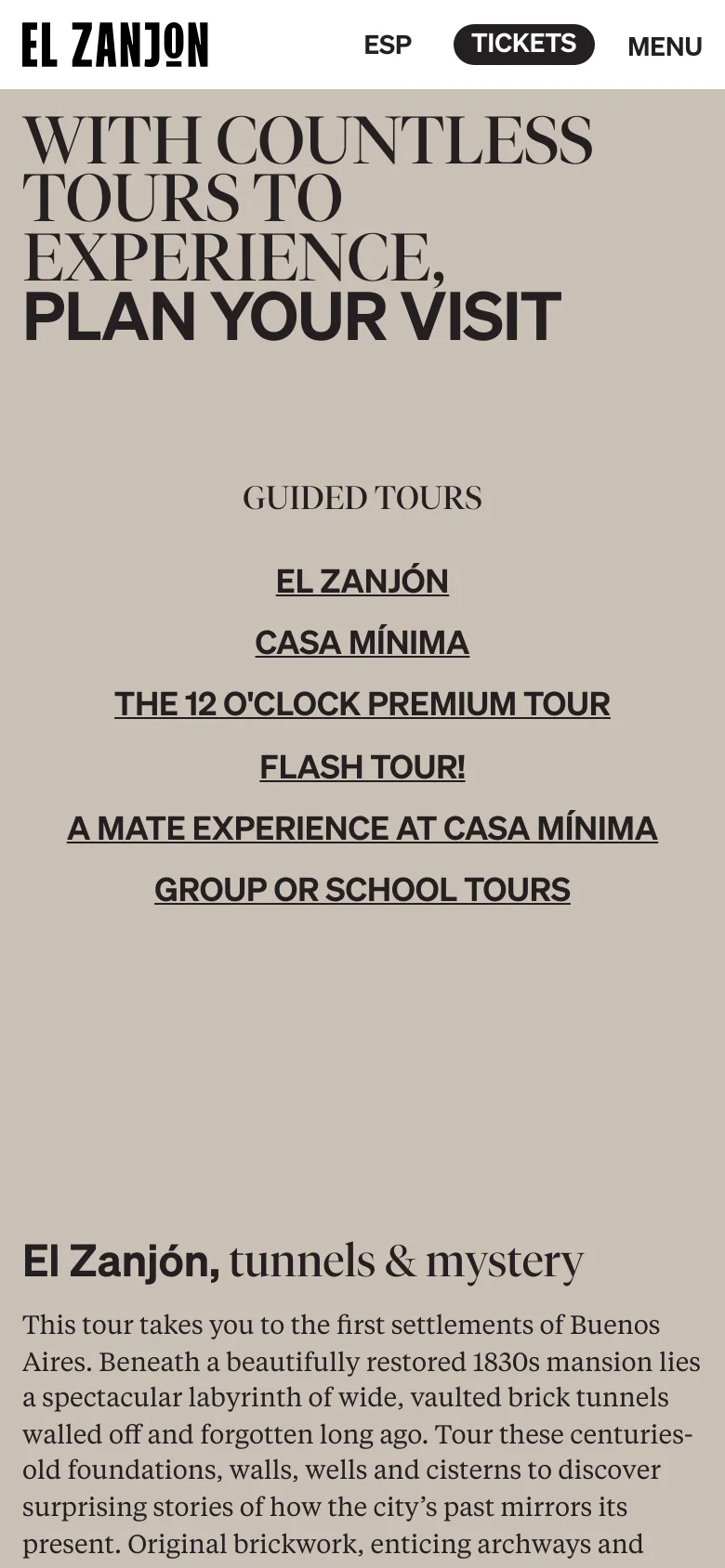 The mobile version uses a single-column vertical layout with the 'El Zanjón' logo, a 'Tickets' button, and a 'Menu' toggle at the top. The hero section features the large headline 'WITH COUNTLESS TOURS TO EXPERIENCE, PLAN YOUR VISIT' stacked vertically, followed by a centered list of guided tour links.