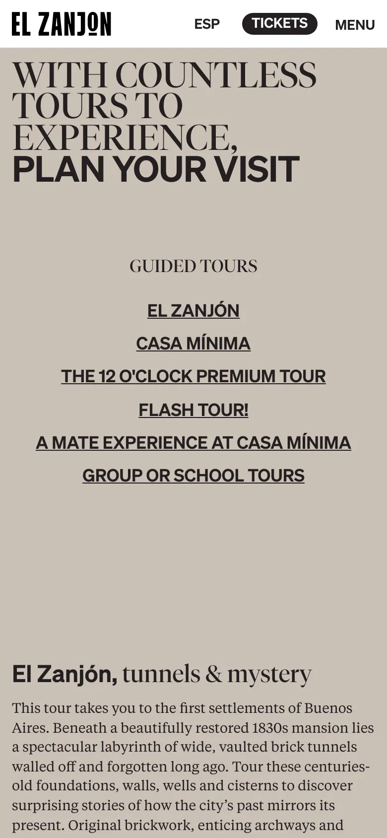 The mobile version uses a single-column vertical layout with the 'El Zanjón' logo, a 'Tickets' button, and a 'Menu' toggle at the top. The hero section features the large headline 'WITH COUNTLESS TOURS TO EXPERIENCE, PLAN YOUR VISIT' stacked vertically, followed by a centered list of guided tour links.
