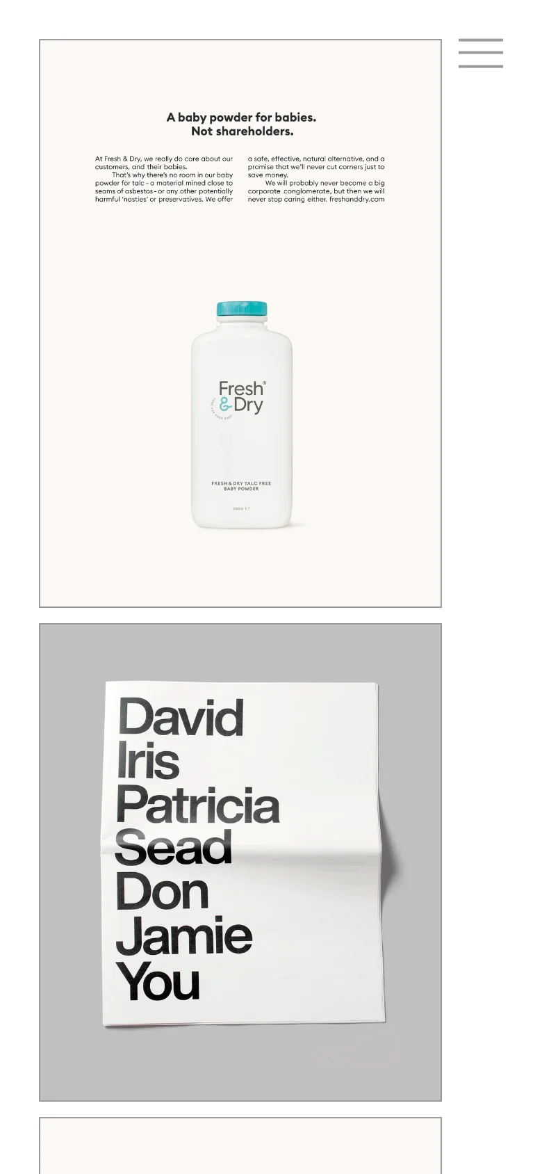 The mobile version maintains the minimalist aesthetic but shifts the navigation to a hamburger menu icon at the top right. The portfolio project images are stacked vertically in a single column for easier scrolling on a smaller screen.