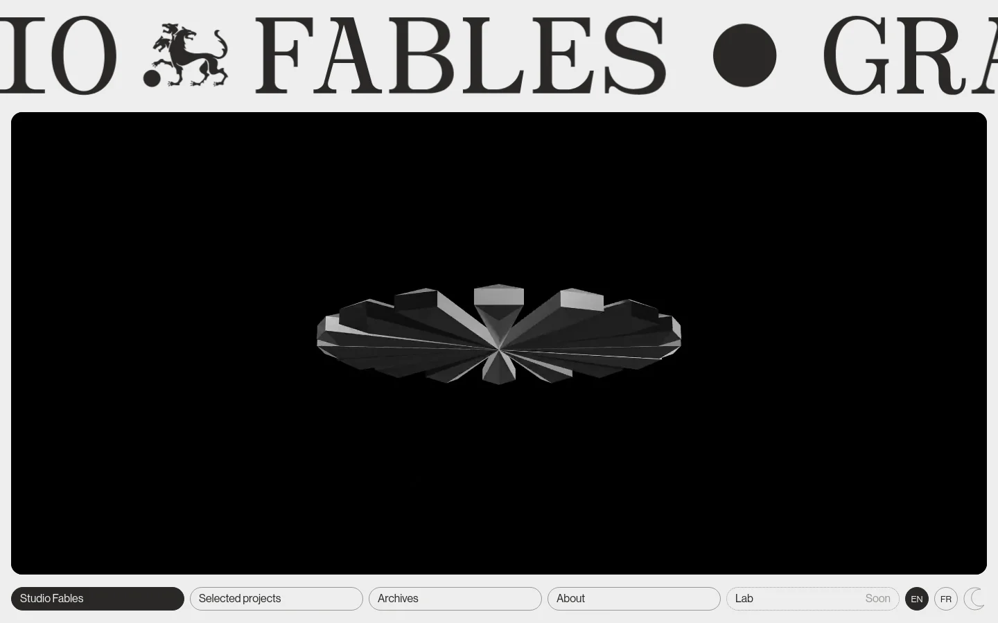 The desktop homepage features a minimalist black and white design with a large, central 3D geometric starburst graphic on a black background. A large serif headline 'Studio Fables' is partially visible at the top, and a navigation bar with links like 'Selected projects' and 'About' sits at the bottom of the screen.