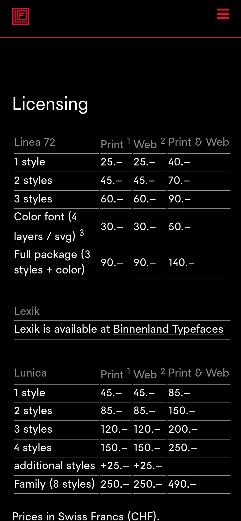 The mobile version displays a single-column layout on a black background. The pricing tables for 'Linea 72' and 'Lunica' are stacked vertically, followed by the license agreements, order, and payment sections, with a red hamburger menu icon in the top right corner.