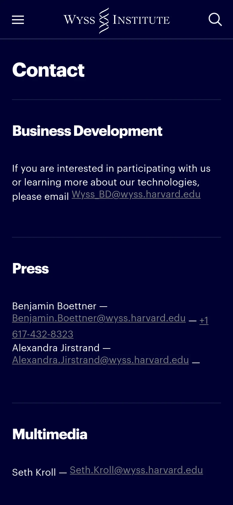 The mobile version maintains the dark navy theme and white text but uses a condensed vertical layout. The top navigation is simplified with a hamburger menu icon on the left and a search icon on the right, while the contact categories are stacked vertically for easier scrolling.