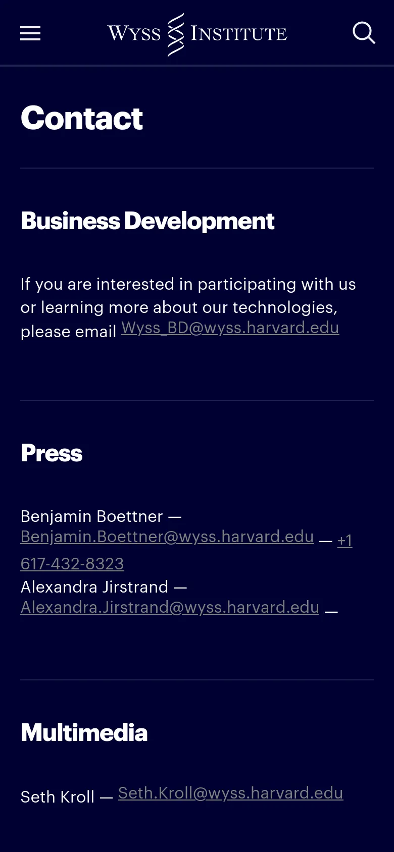 The mobile version maintains the dark navy theme and white text but uses a condensed vertical layout. The top navigation is simplified with a hamburger menu icon on the left and a search icon on the right, while the contact categories are stacked vertically for easier scrolling.