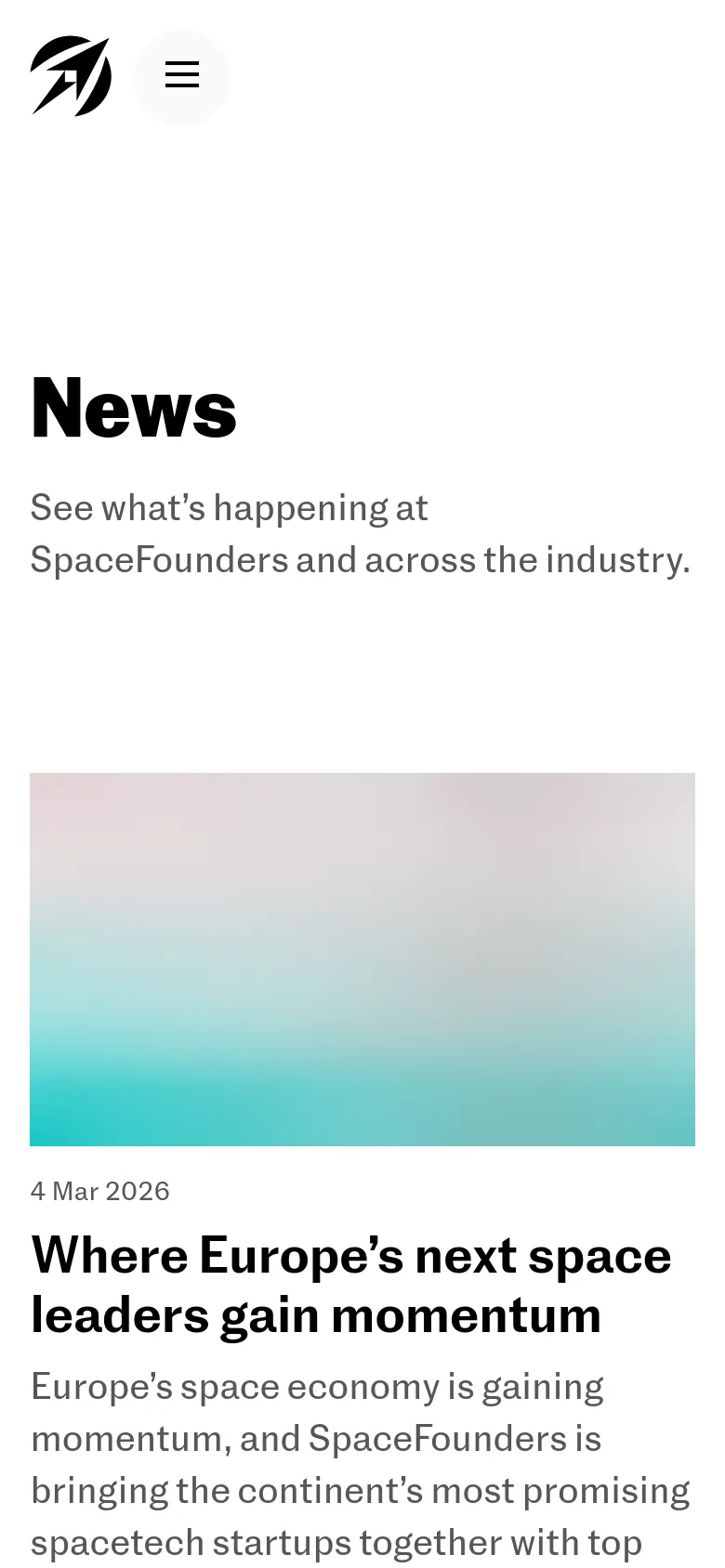 The mobile version presents a simplified vertical layout with a condensed header containing a logo and a hamburger menu icon. The 'News' title and subheadline are centered above a large, full-width teal and lavender gradient hero image. Below the image, the featured article headline and text are stacked vertically for easy scrolling.