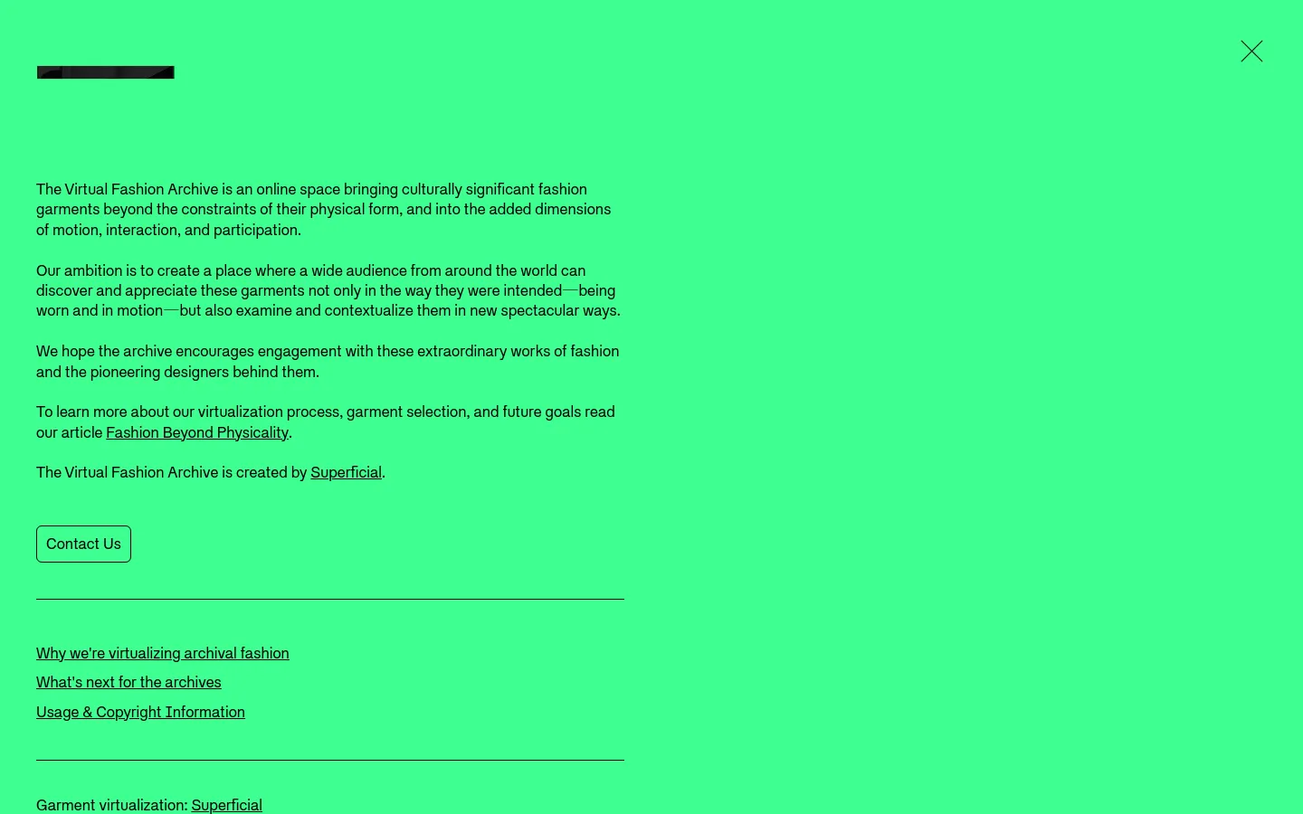 A minimalist desktop page with a bright neon green background and black text. The layout features a large text block explaining the Virtual Fashion Archive, a 'Contact Us' button, and several text links separated by horizontal lines. A small, dark rectangular image is visible at the top left.