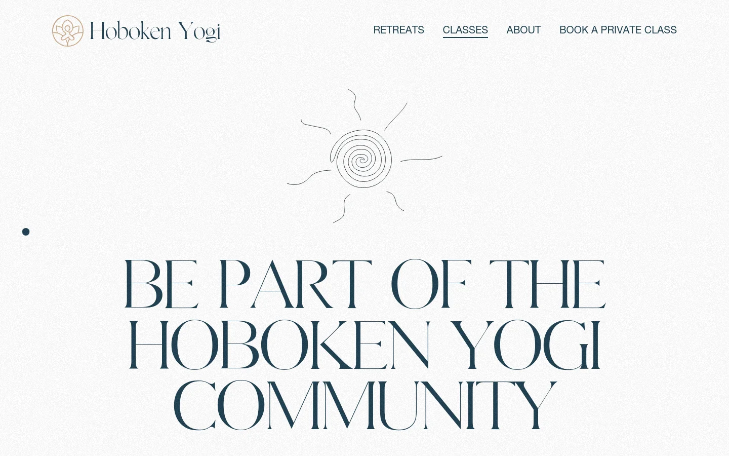 The desktop version features a minimalist design with a light textured background and dark blue serif typography. A large hero headline reads 'BE PART OF THE HOBOKEN YOGI COMMUNITY' below a simple line-art sun icon, with a navigation menu at the top containing links for Retreats, Classes, About, and Book a Private Class.