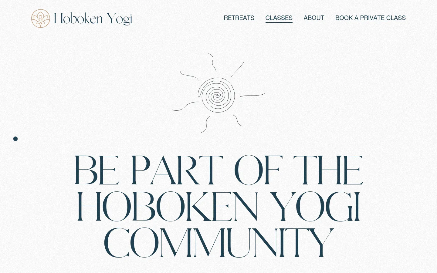 The desktop version features a minimalist design with a light textured background and dark blue serif typography. A large hero headline reads 'BE PART OF THE HOBOKEN YOGI COMMUNITY' below a simple line-art sun icon, with a navigation menu at the top containing links for Retreats, Classes, About, and Book a Private Class.
