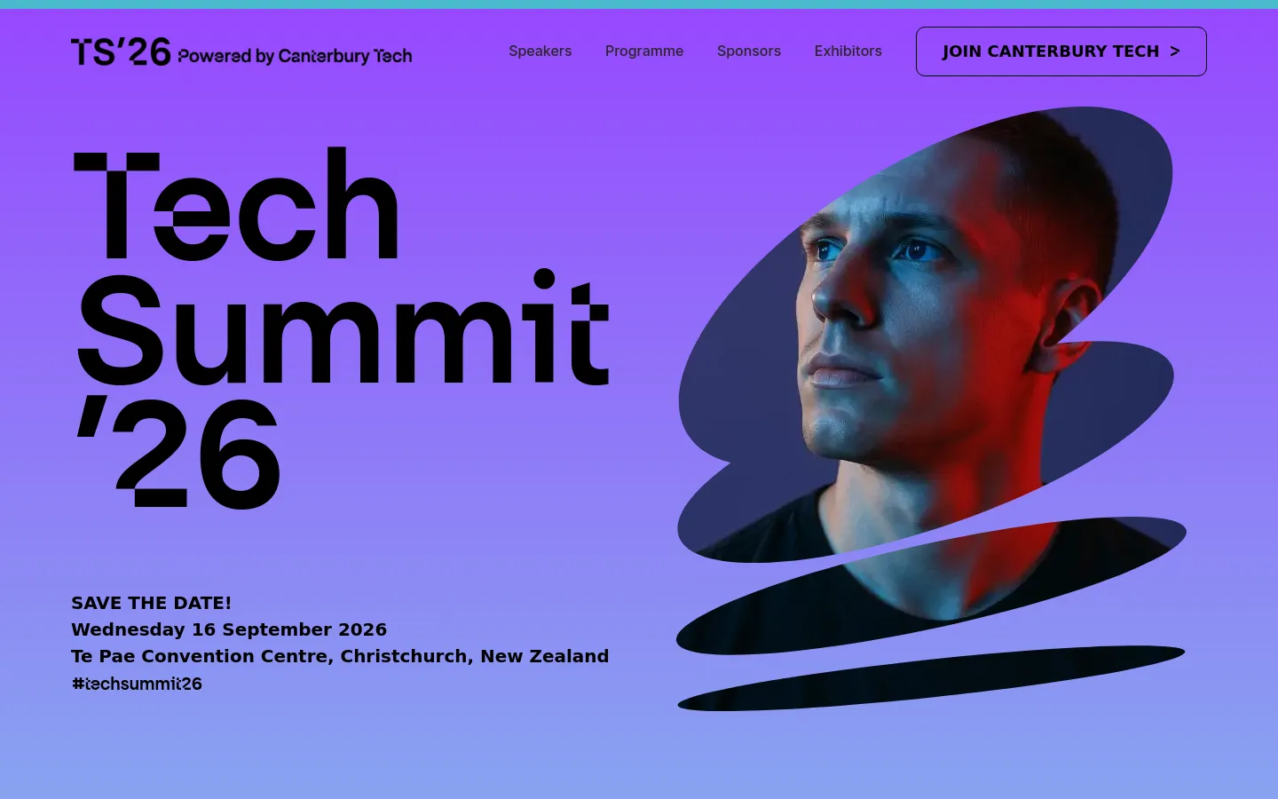 The desktop homepage features a large purple background with the bold black headline 'Tech Summit '26' on the left. To the right, a stylized portrait of a man is framed within organic, dark shapes, and the bottom left includes event details for September 16, 2026, in Christchurch. A navigation menu at the top includes links for Speakers, Programme, Sponsors, and Exhibitors, alongside a 'JOIN CANTERBURY TECH' button.