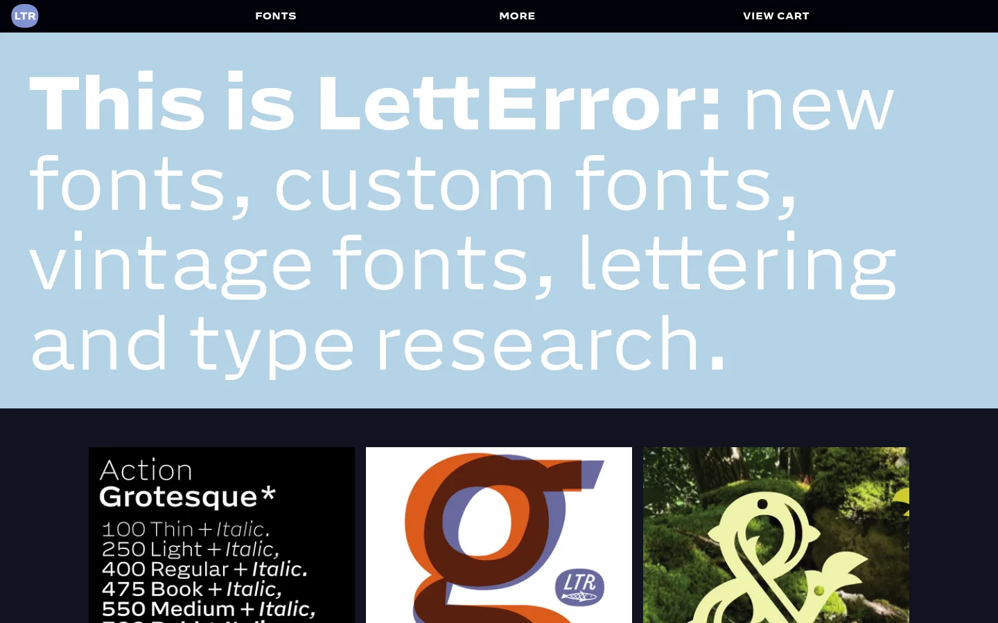The LettError homepage features a large light blue hero section with bold white typography stating 'This is LettError: new fonts, custom fonts, vintage fonts, lettering and type research.' Below, a dark grid layout displays various typeface specimens with large preview images and descriptive text. A black navigation bar at the top contains links for Fonts, More, and View Cart.