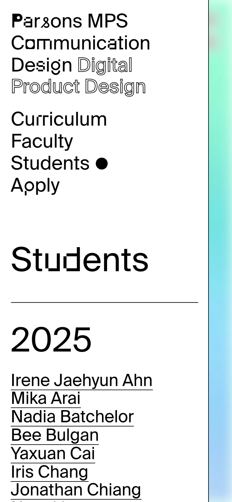The mobile version uses a single-column layout with the program title and navigation menu stacked vertically at the top. The large teal gradient graphic is positioned behind the content, and the student names are listed in a single vertical column under the '2025' heading.