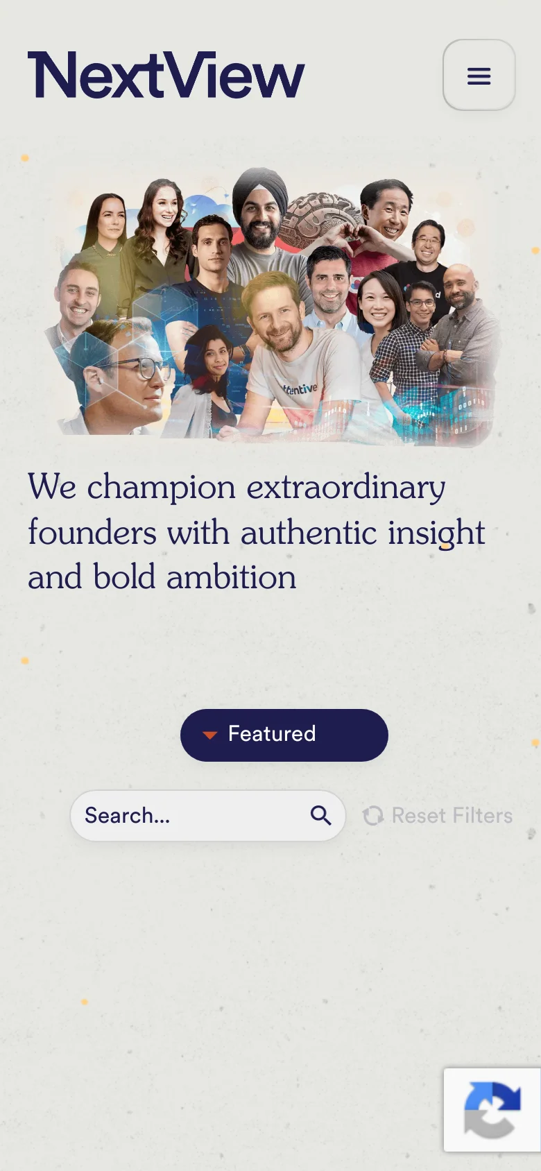 The mobile version maintains the same layout but scales the elements for a narrower screen. The collage of people appears at the top, followed by the large serif headline, the 'Featured' dropdown button, and the search bar, all centered on a light, speckled background.