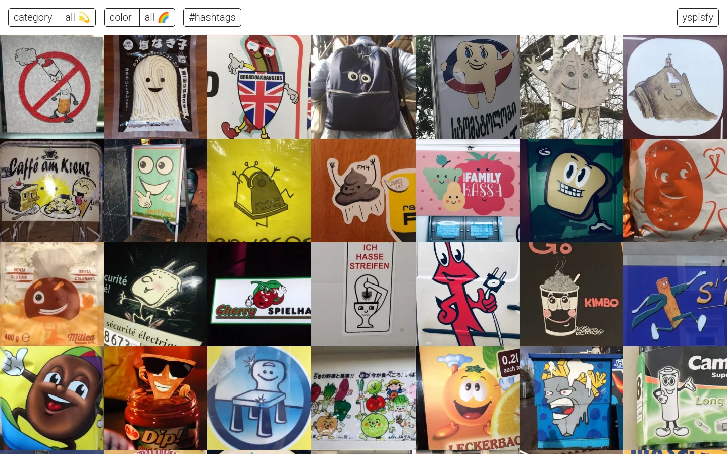 The desktop homepage features a minimalist white header with navigation filters for category, color, and hashtags, alongside the site name 'yspisfy'. Below the header, a large masonry grid displays various colorful photographs of anthropomorphic objects, such as smiling food items and characters on signage. The layout is clean with a white background, emphasizing the vibrant, eclectic imagery of the art collection.