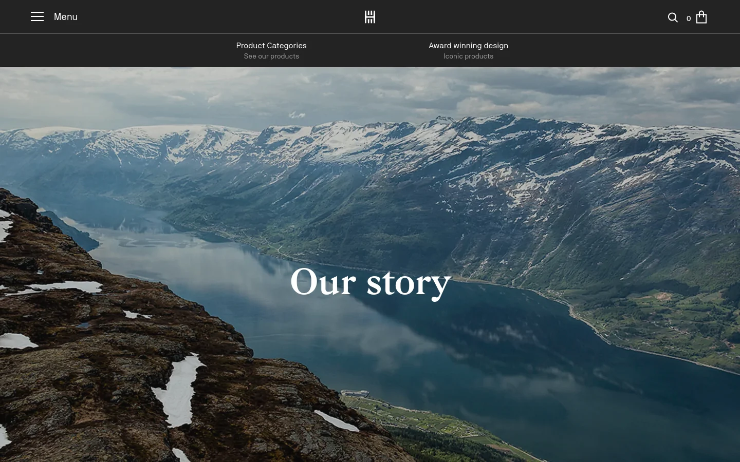 The 'Our Story' page features a large hero image of a snowy mountain landscape overlooking a fjord. Below, the layout uses a clean white background with black text, alternating between text blocks and large scenic photographs of apple trees, mountains, and the founder. Primary calls to action are text links labeled 'Read more' or 'Read story'.