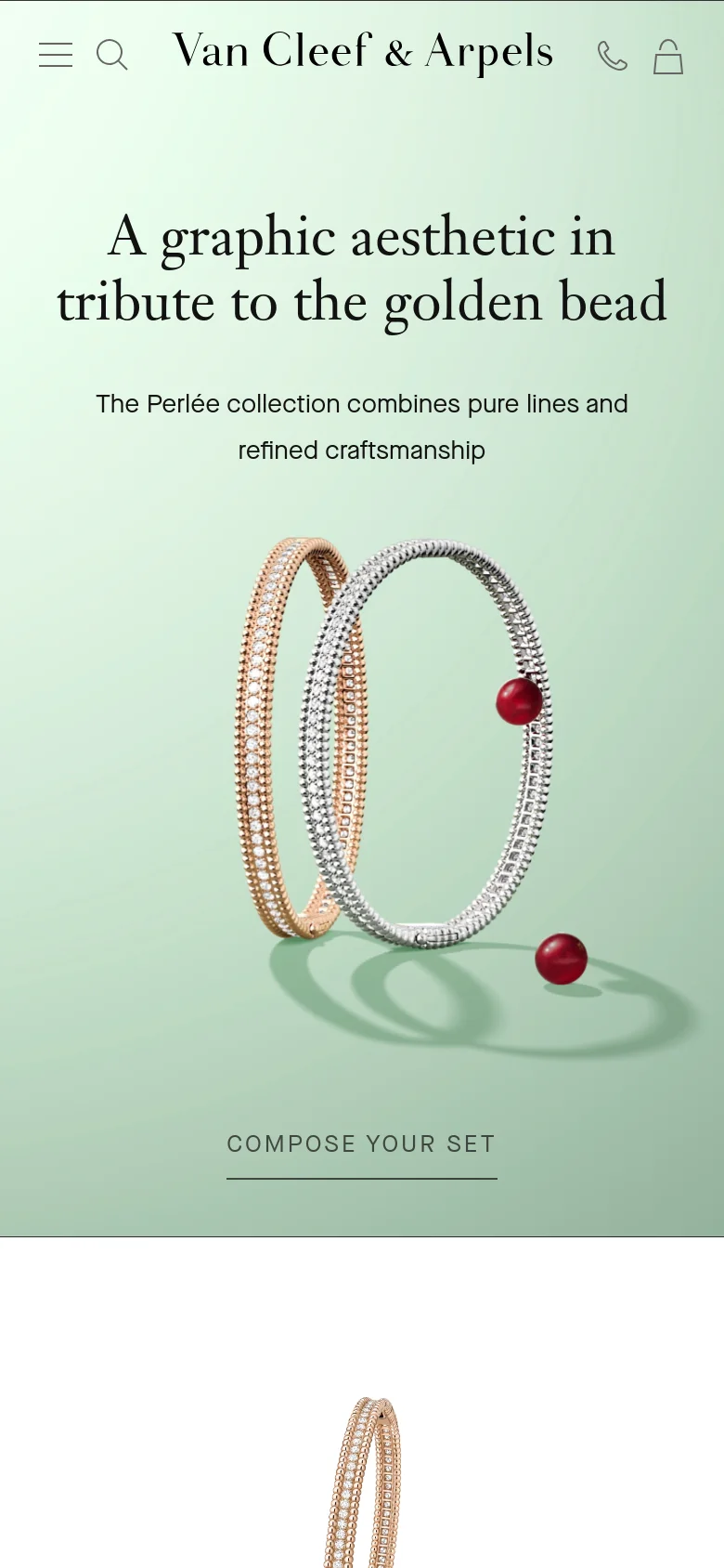 The mobile version presents a simplified vertical layout with a centered logo and a hamburger menu icon. The hero section maintains the mint green background and large serif headline, but the jewelry imagery and 'COMPOSE YOUR SET' button are stacked vertically to fit the narrow screen.