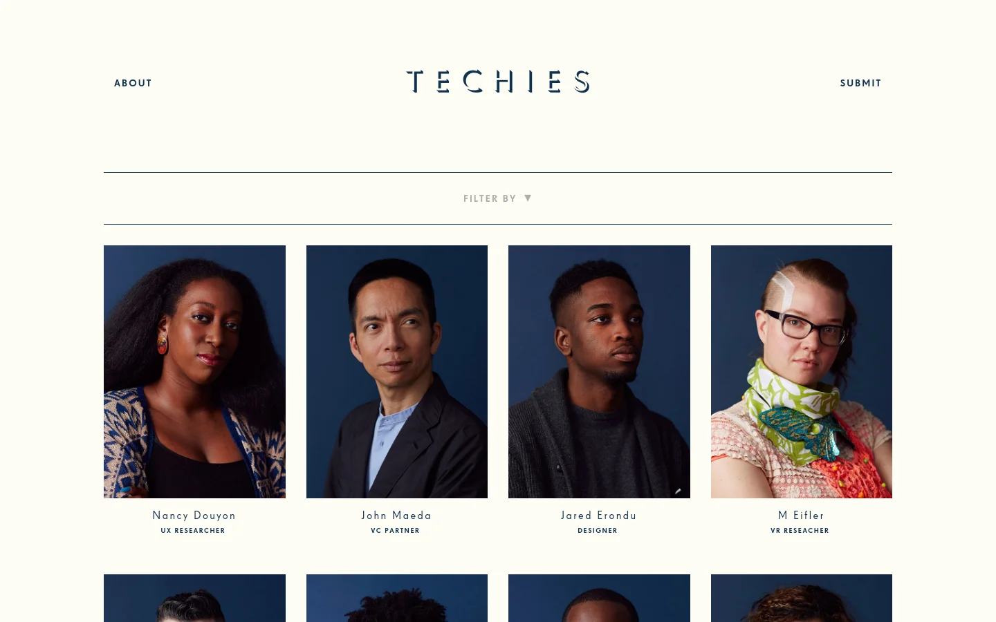 The Techies homepage features a minimalist white background with a centered logo and navigation links for 'About' and 'Submit'. Below a horizontal divider, a 'Filter By' dropdown menu sits above a grid of portrait photographs of diverse tech professionals, each labeled with their name and job title.
