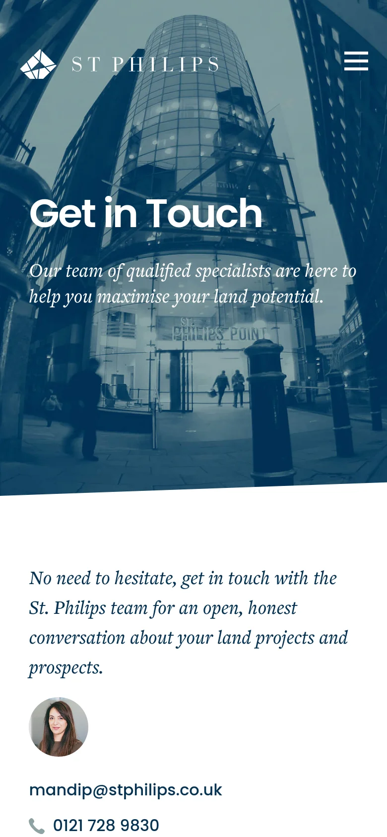 The mobile version displays a condensed hero section with the 'Get in Touch' headline overlaid on a blue-tinted building image. The top navigation is replaced by a hamburger menu icon, and the content below transitions into a single-column vertical layout.